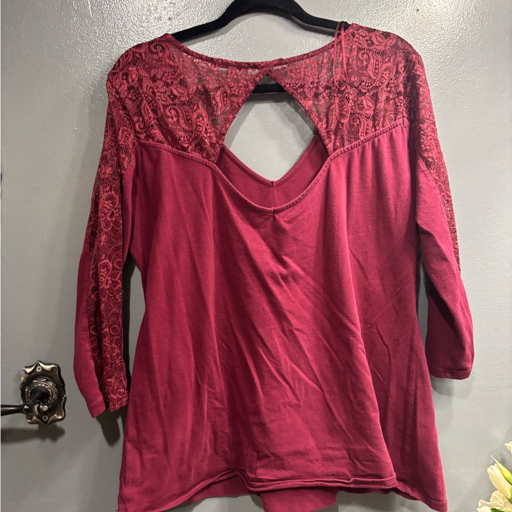 Ambiance Red Lace-Sleeve V-Back Mid Sleeve Top Summer Lightweight Casual Formal